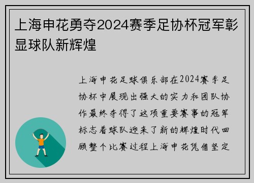 上海申花勇夺2024赛季足协杯冠军彰显球队新辉煌 上海申花勇夺2024赛季足协杯冠军彰显球队新辉煌